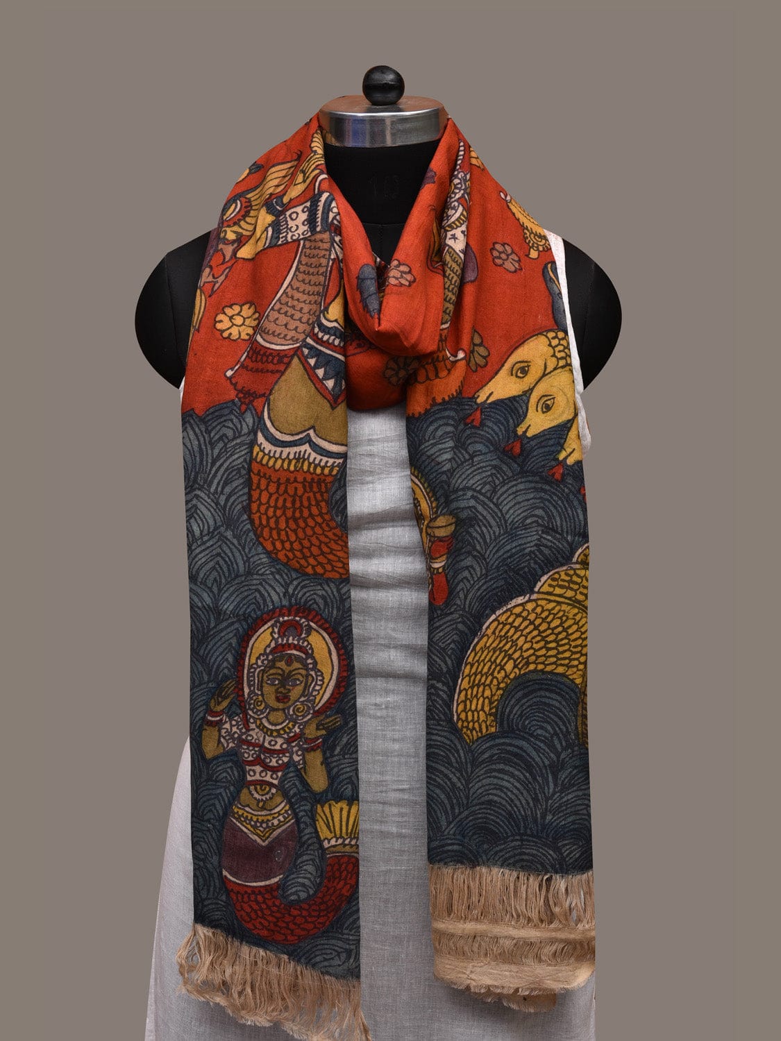 Red Kalamkari Hand Painted Cotton Handloom Dupatta with Kirshna and Nag Design ds2672