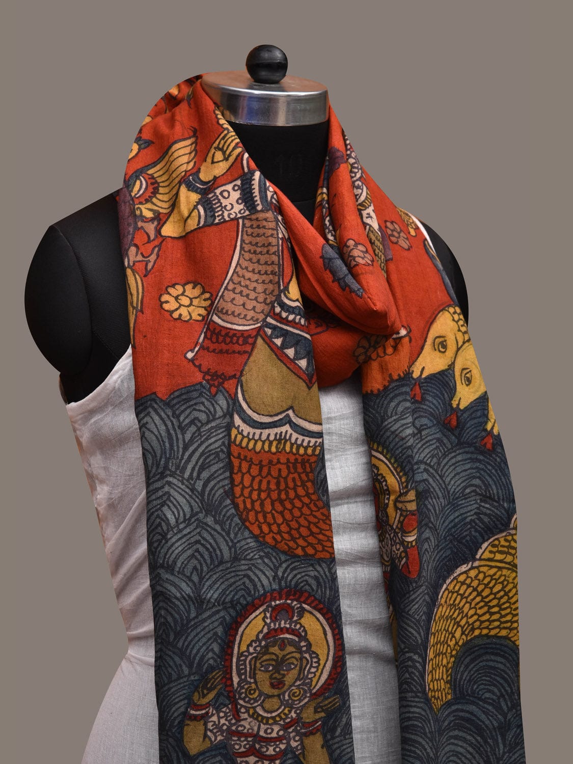 Red Kalamkari Hand Painted Cotton Handloom Dupatta with Kirshna and Nag Design ds2672