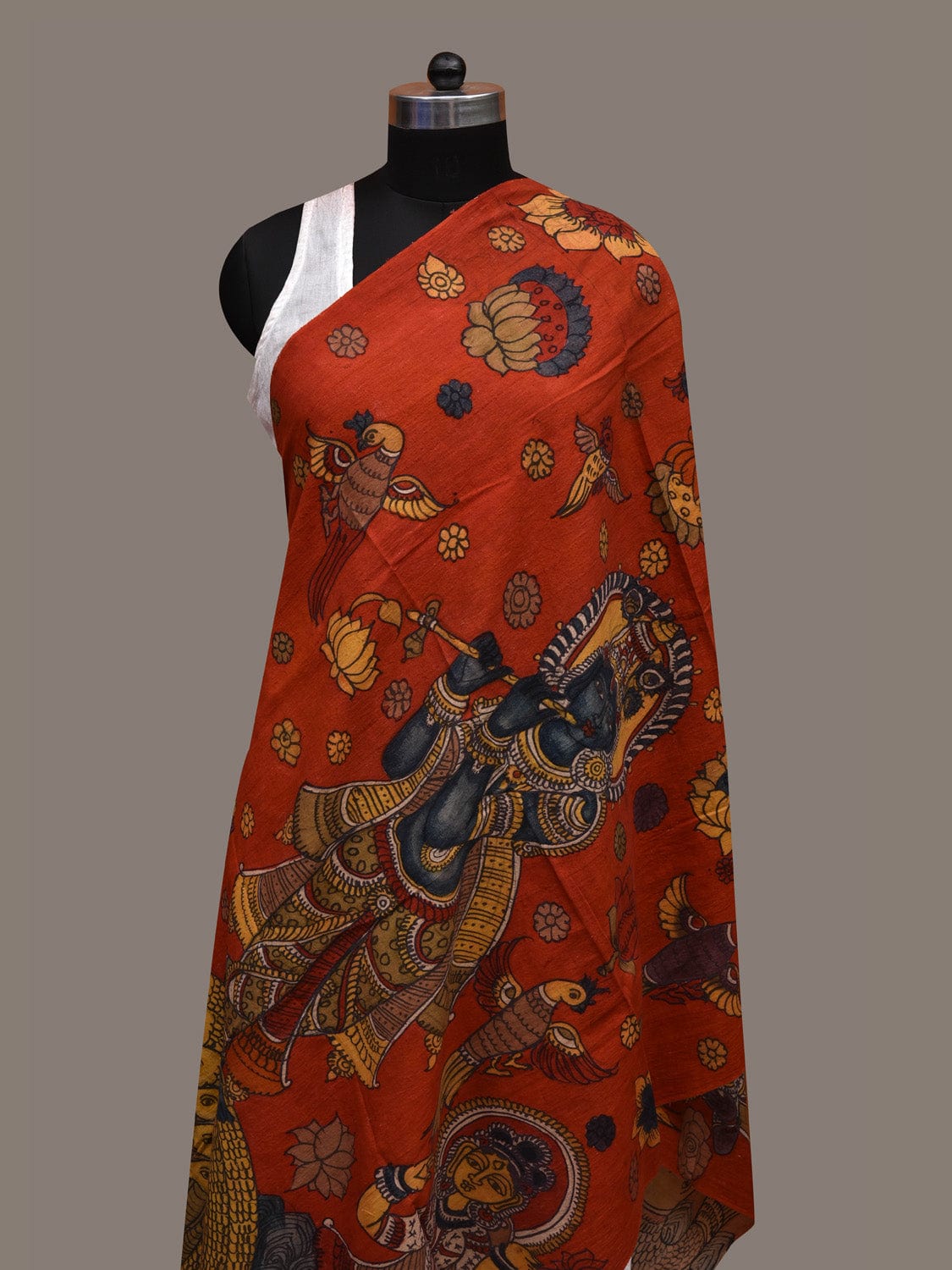 Red Kalamkari Hand Painted Cotton Handloom Dupatta with Kirshna and Nag Design ds2672
