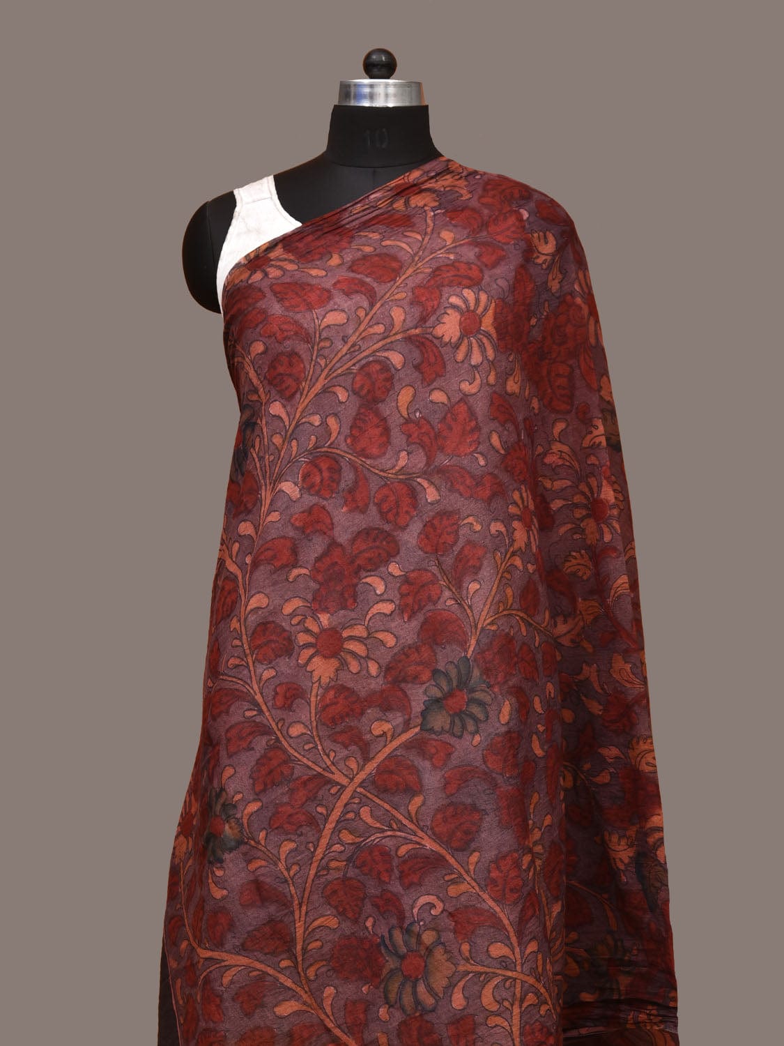 Red Kalamkari Hand Painted Cotton Handloom Dupatta with Leaves Design ds3197