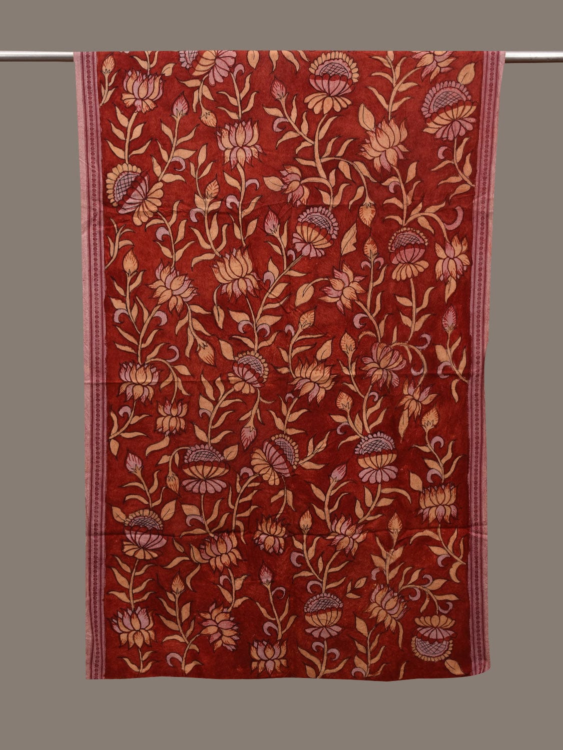 Red Kalamkari Hand Painted Cotton Handloom Dupatta with Lotus Flowers and Doby Border Design ds3115
