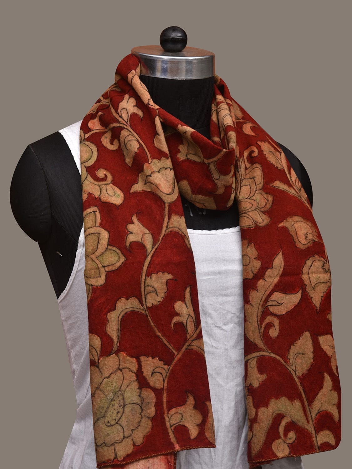 Red Kalamkari Hand Painted Cotton Handloom Stole with Floral Design ds3049