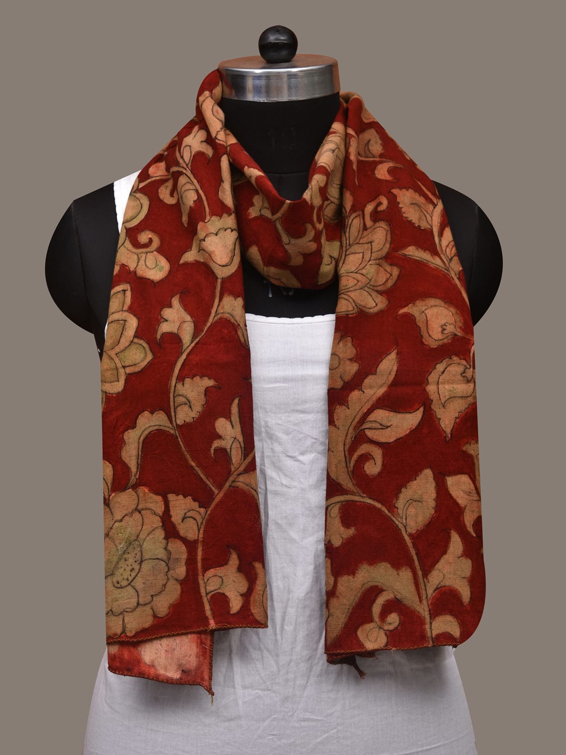 Red Kalamkari Hand Painted Cotton Handloom Stole with Floral Design ds3049