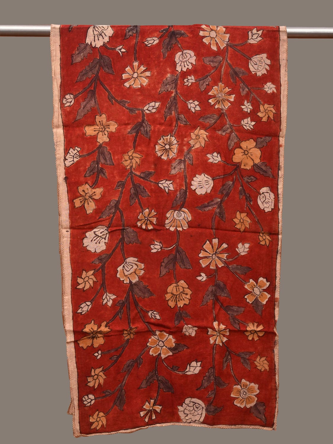 Red Kalamkari Hand Painted Cotton Handloom Stole with Floral Design ds3094