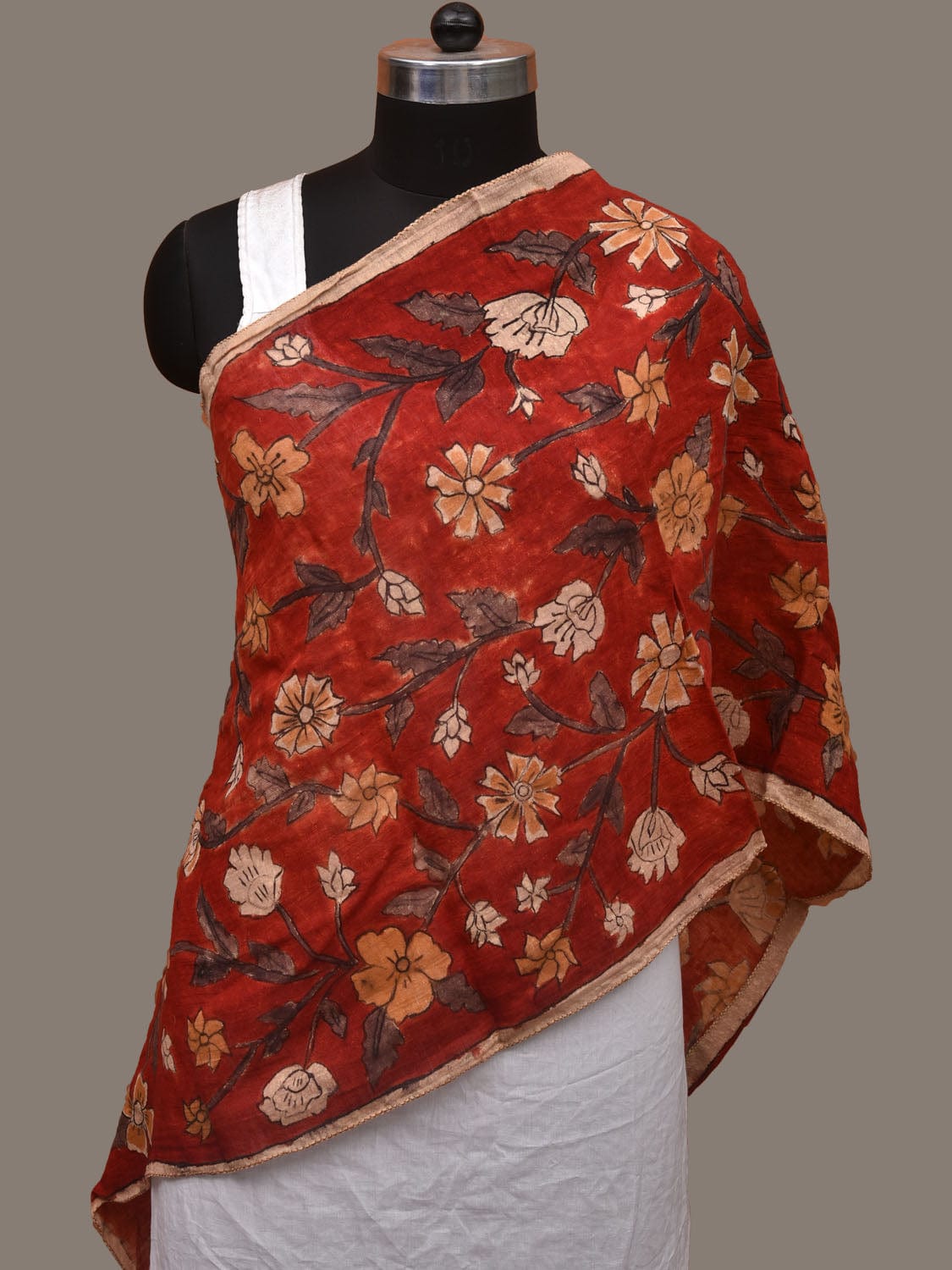 Red Kalamkari Hand Painted Cotton Handloom Stole with Floral Design ds3094