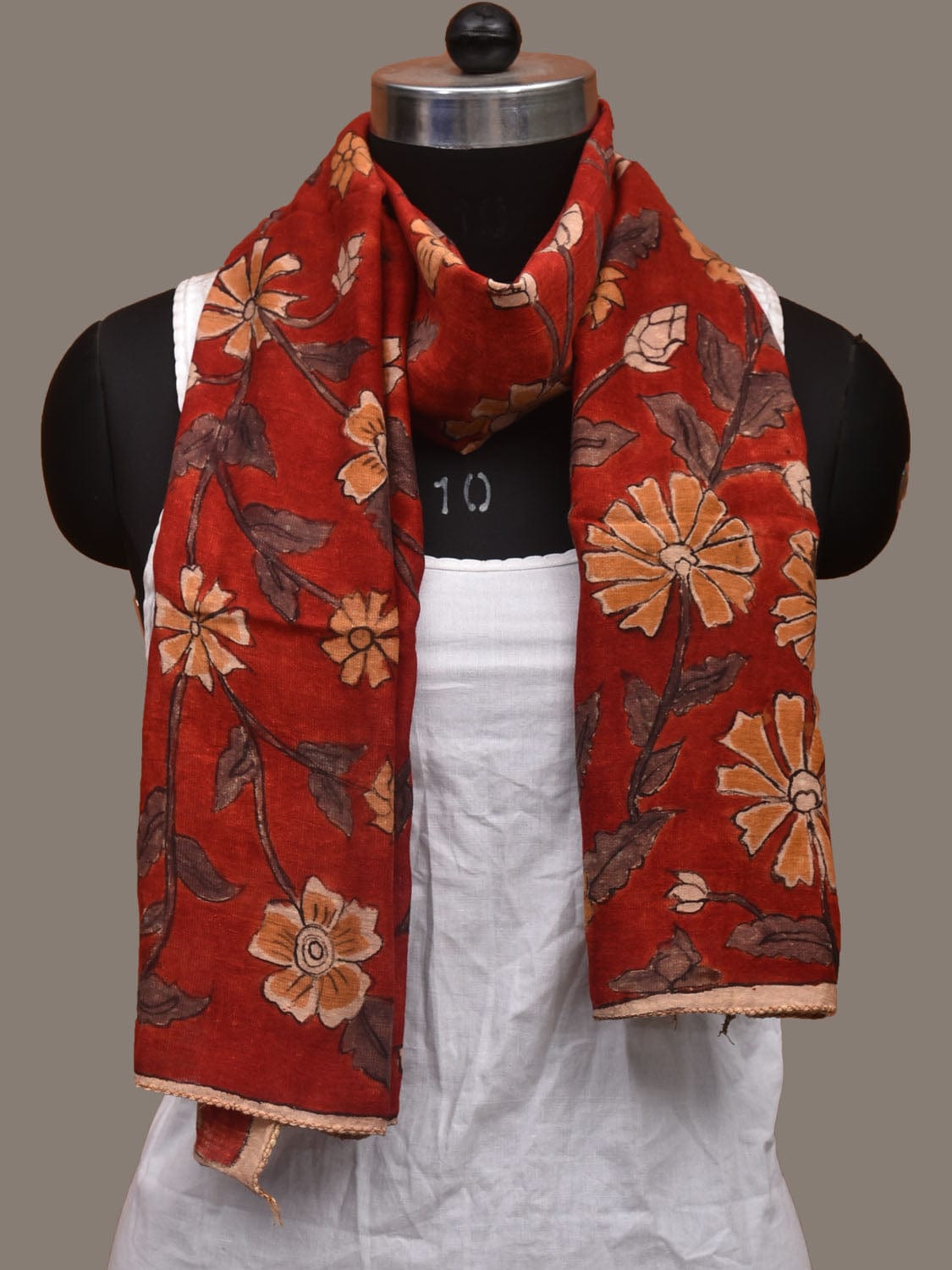 Red Kalamkari Hand Painted Cotton Handloom Stole with Floral Design ds3094