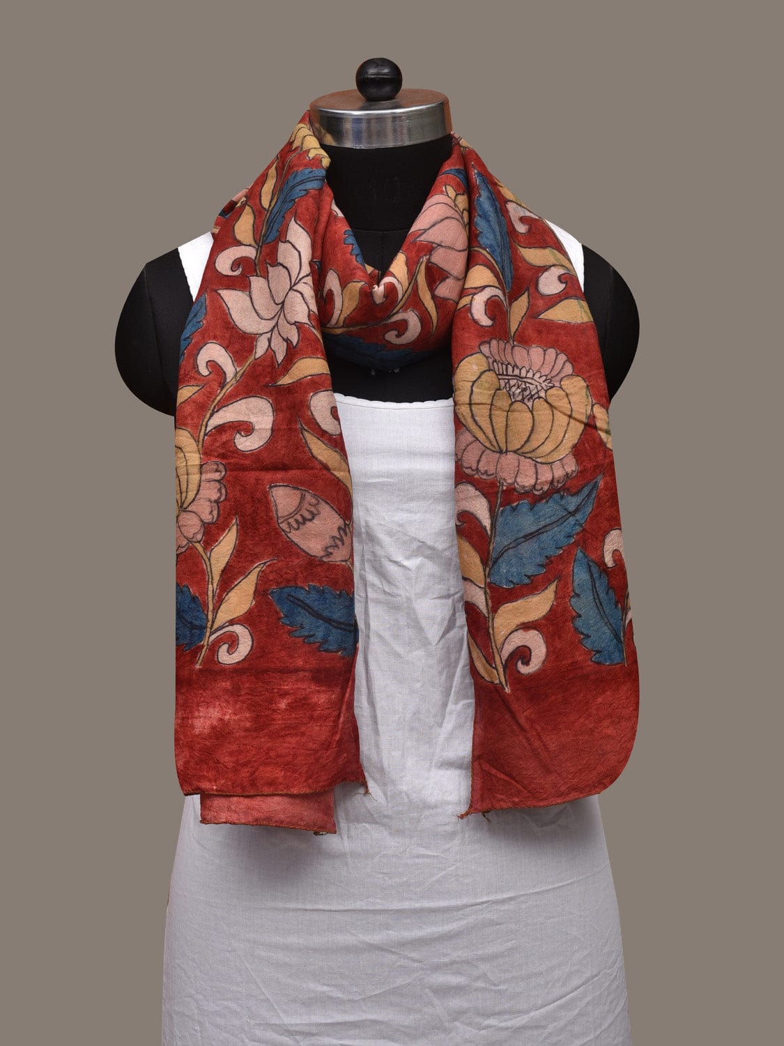 Red Kalamkari Hand Painted Cotton Handloom Stole with Lotus Flowers Design ds3027