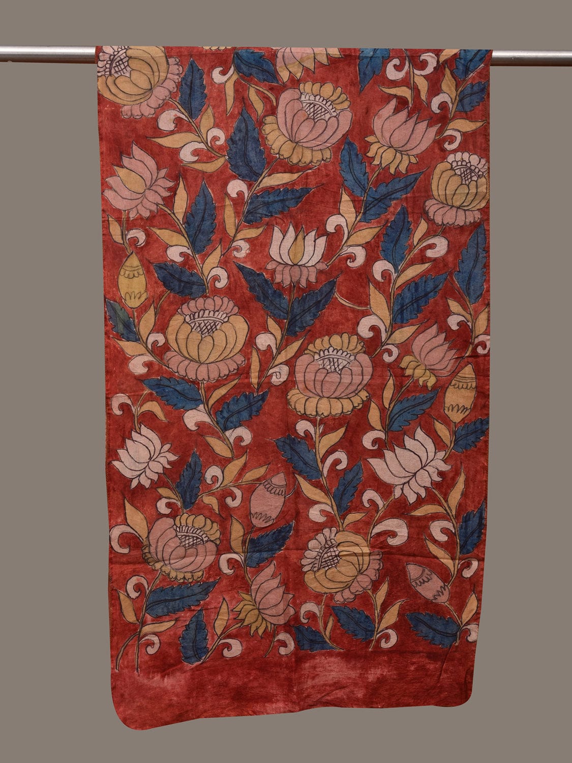 Red Kalamkari Hand Painted Cotton Handloom Stole with Lotus Flowers Design ds3027