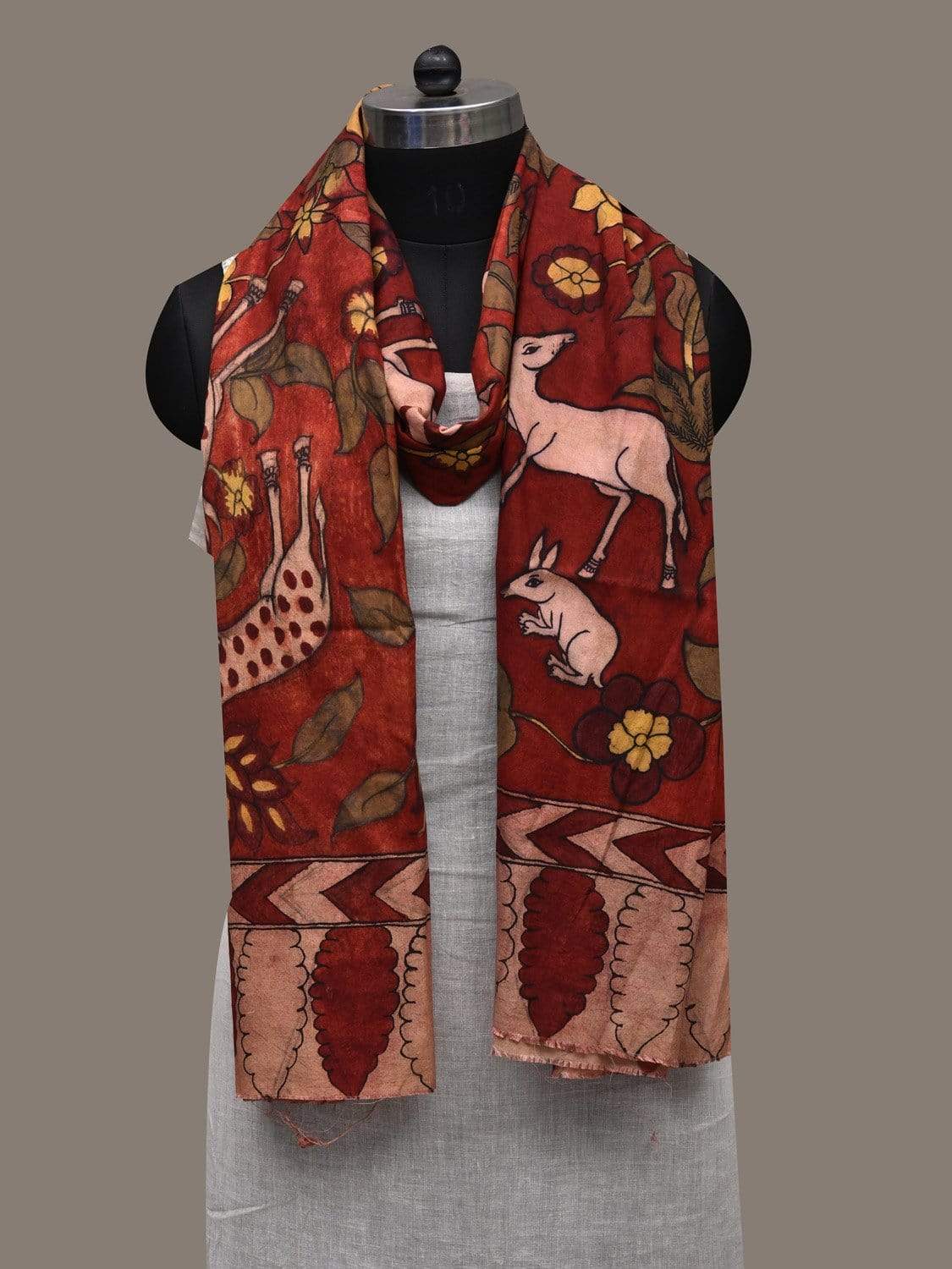 Red Kalamkari Hand Painted Cotton Silk Handloom Dupatta with Animals Design ds2547