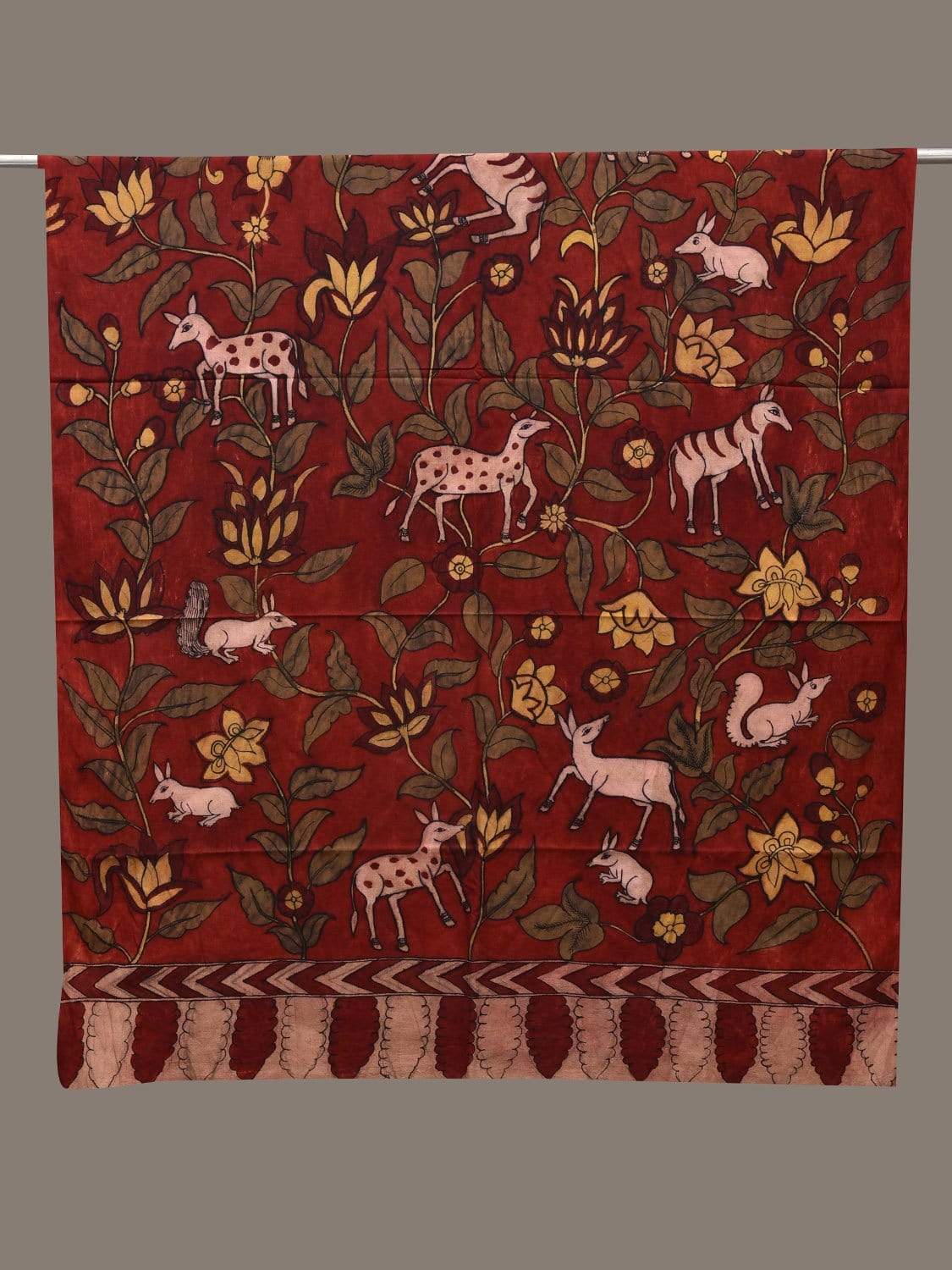 Red Kalamkari Hand Painted Cotton Silk Handloom Dupatta with Animals Design ds2547