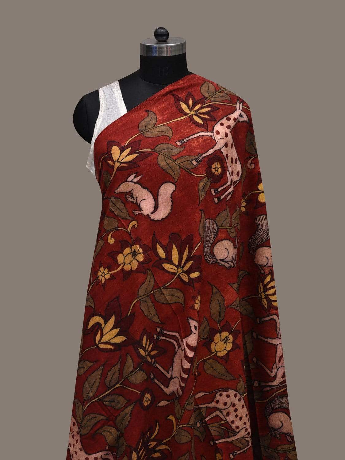 Red Kalamkari Hand Painted Cotton Silk Handloom Dupatta with Animals Design ds2547