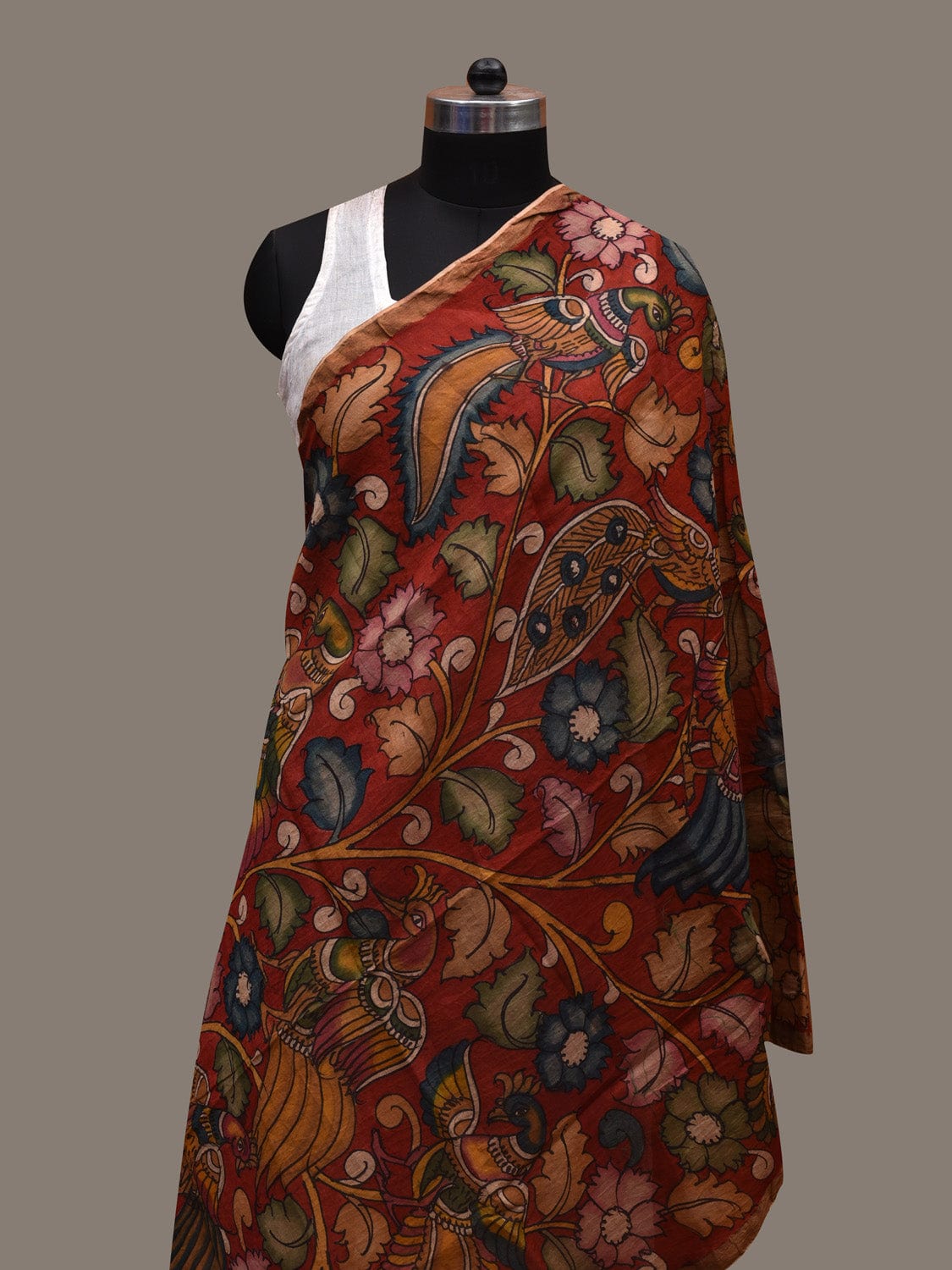 Red Kalamkari Hand Painted Cotton Silk Handloom Dupatta with Peacocks and Flowers Design ds2698