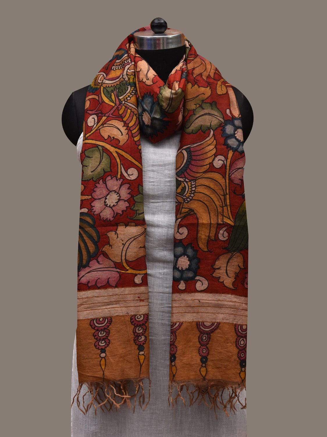 Red Kalamkari Hand Painted Cotton Silk Handloom Dupatta with Peacocks and Flowers Design ds2698