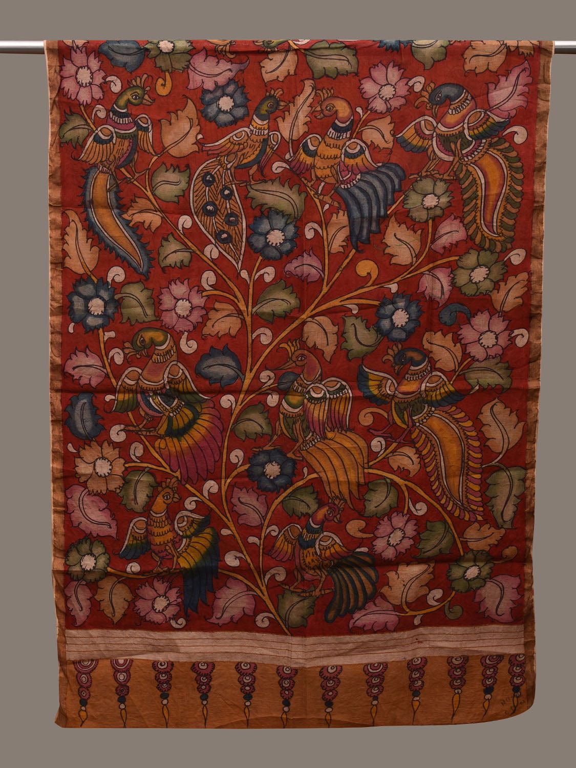Red Kalamkari Hand Painted Cotton Silk Handloom Dupatta with Peacocks and Flowers Design ds2698