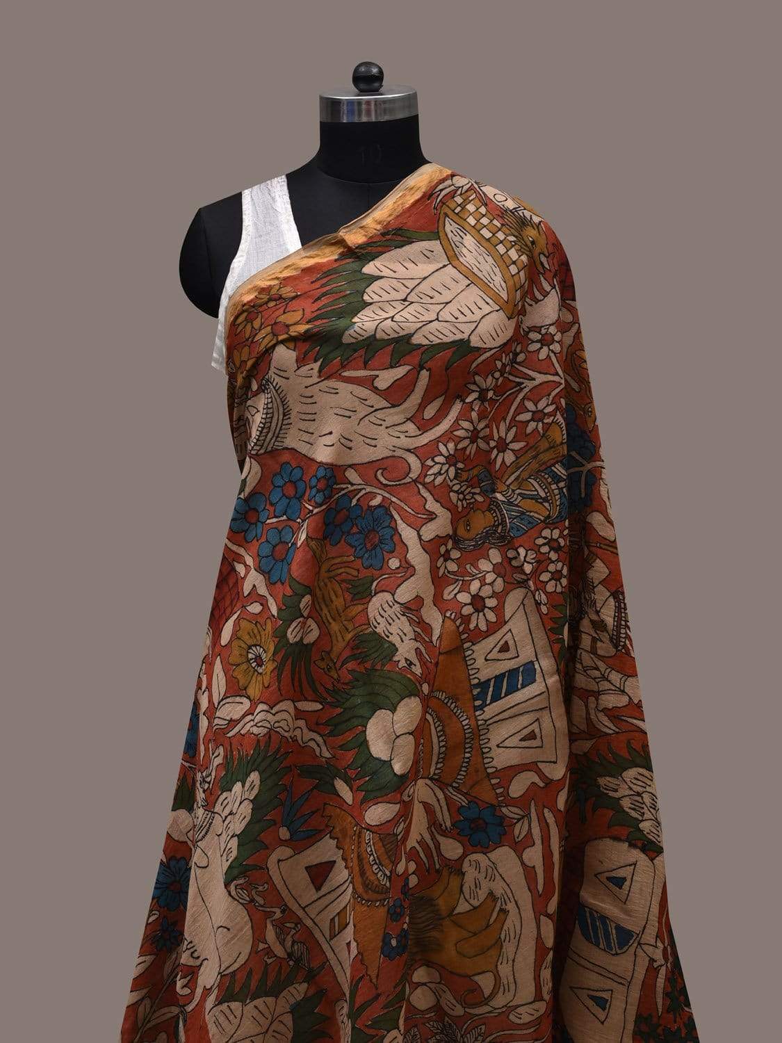 Red Kalamkari Hand Painted Cotton Silk Handloom Dupatta with Village Theme Design ds2498