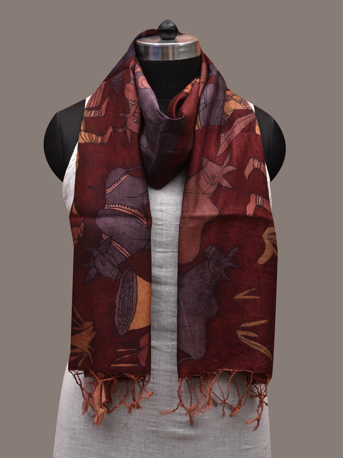 Red Kalamkari Hand Painted Cotton Silk Handloom Stole with Village Theme Design ds2708