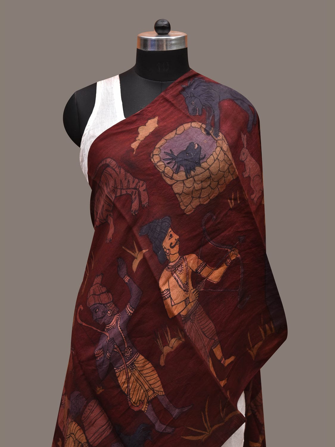 Red Kalamkari Hand Painted Cotton Silk Handloom Stole with Village Theme Design ds2708