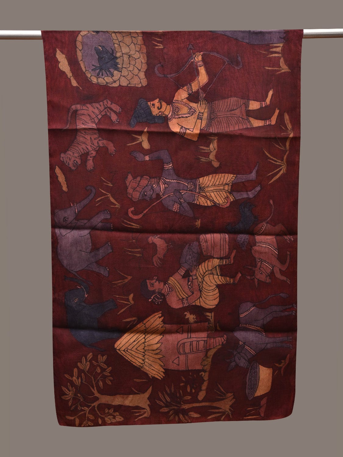 Red Kalamkari Hand Painted Cotton Silk Handloom Stole with Village Theme Design ds2708