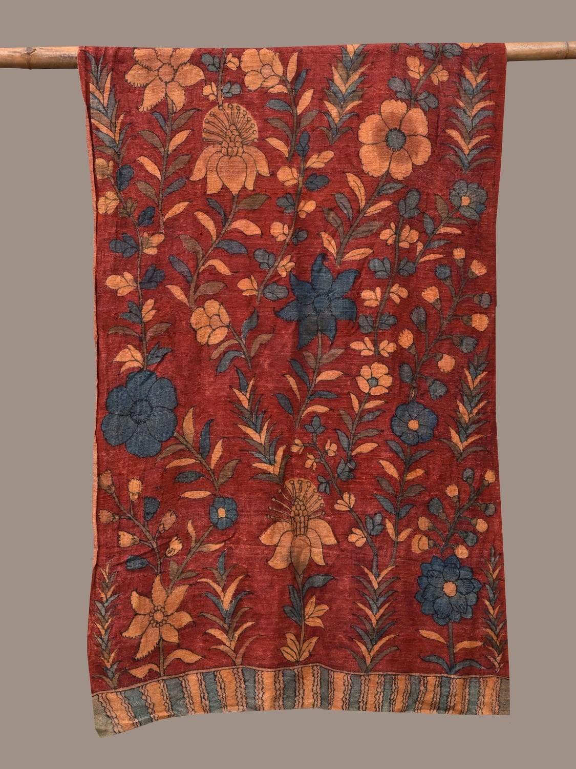 Red Kalamkari Hand Painted Cotton x Spun Handloom Dupatta with Floral Design ds2287