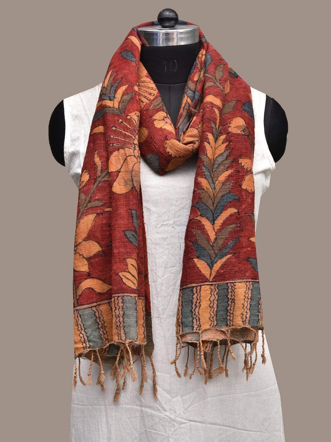 Red Kalamkari Hand Painted Cotton x Spun Handloom Dupatta with Floral Design ds2287