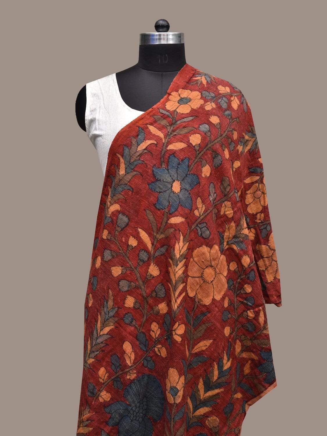 Red Kalamkari Hand Painted Cotton x Spun Handloom Dupatta with Floral Design ds2287