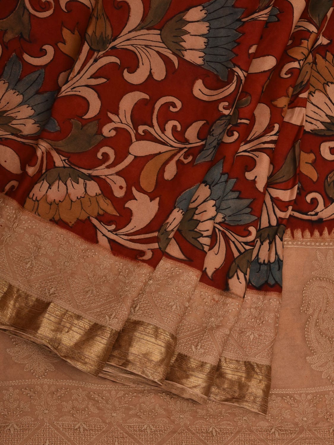 Red Kalamkari Hand Painted Crepe Saree with Floral and Embroidary Design KL0678