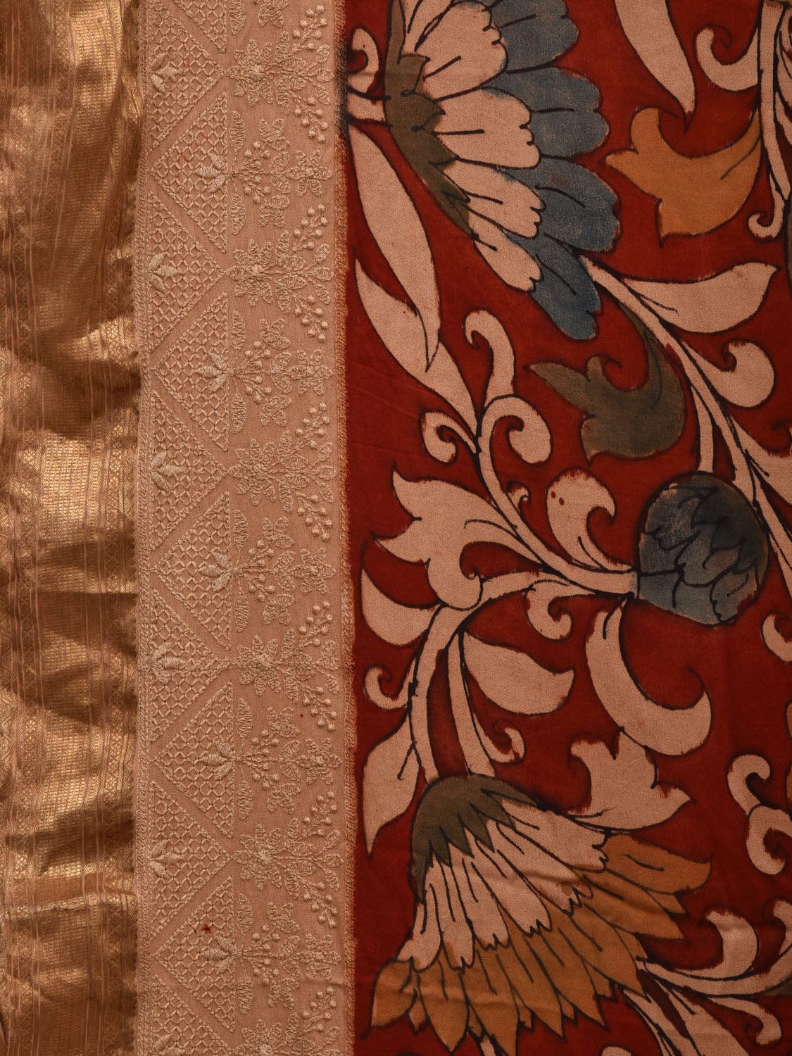 Red Kalamkari Hand Painted Crepe Saree with Floral and Embroidary Design KL0678