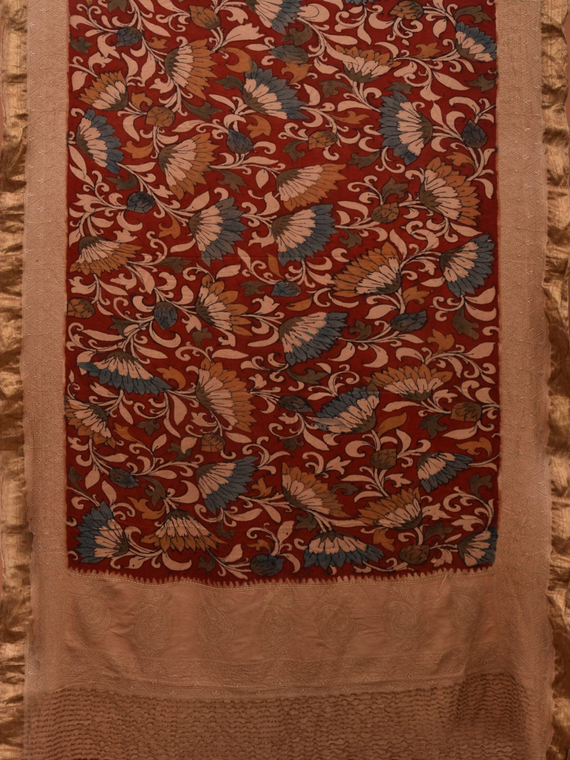 Red Kalamkari Hand Painted Crepe Saree with Floral and Embroidary Design KL0678