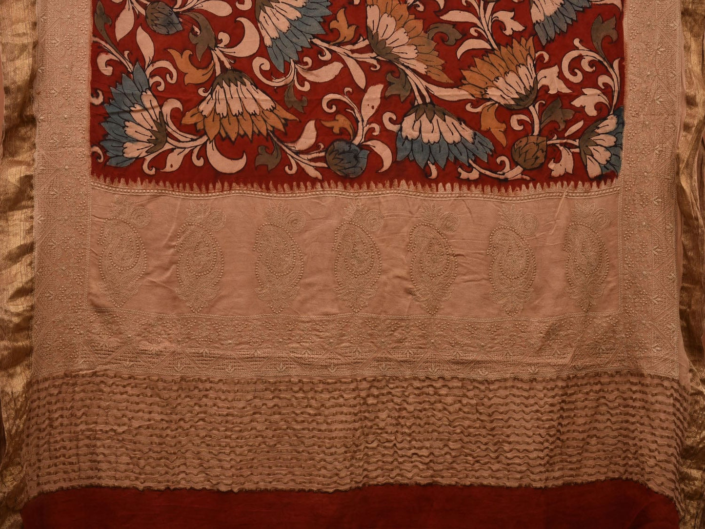 Red Kalamkari Hand Painted Crepe Saree with Floral and Embroidary Design KL0678