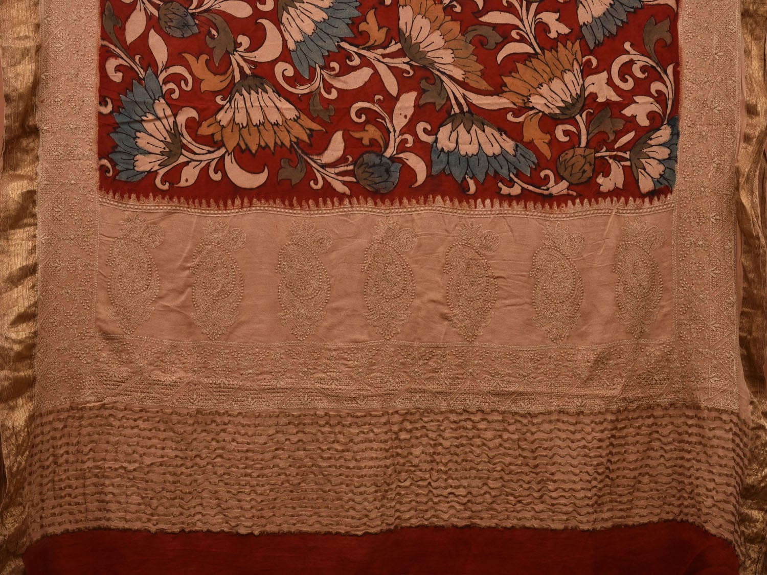 Red Kalamkari Hand Painted Crepe Saree with Floral and Embroidary Design KL0678