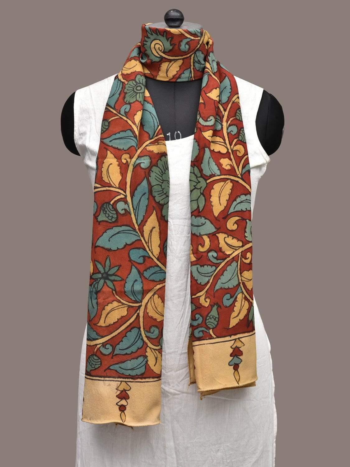 Red Kalamkari Hand Painted Crepe Stole with Floral Design ds2260