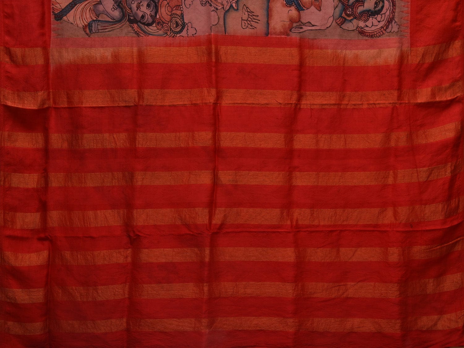 Red Kalamkari Hand Painted Gadwal Silk Handloom Saree with Cows and Krishna Design KL0673