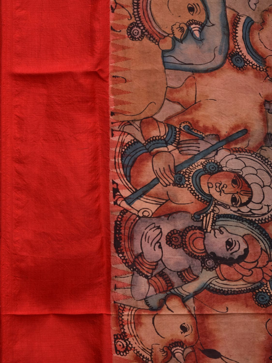 Red Kalamkari Hand Painted Gadwal Silk Handloom Saree with Cows and Krishna Design KL0673