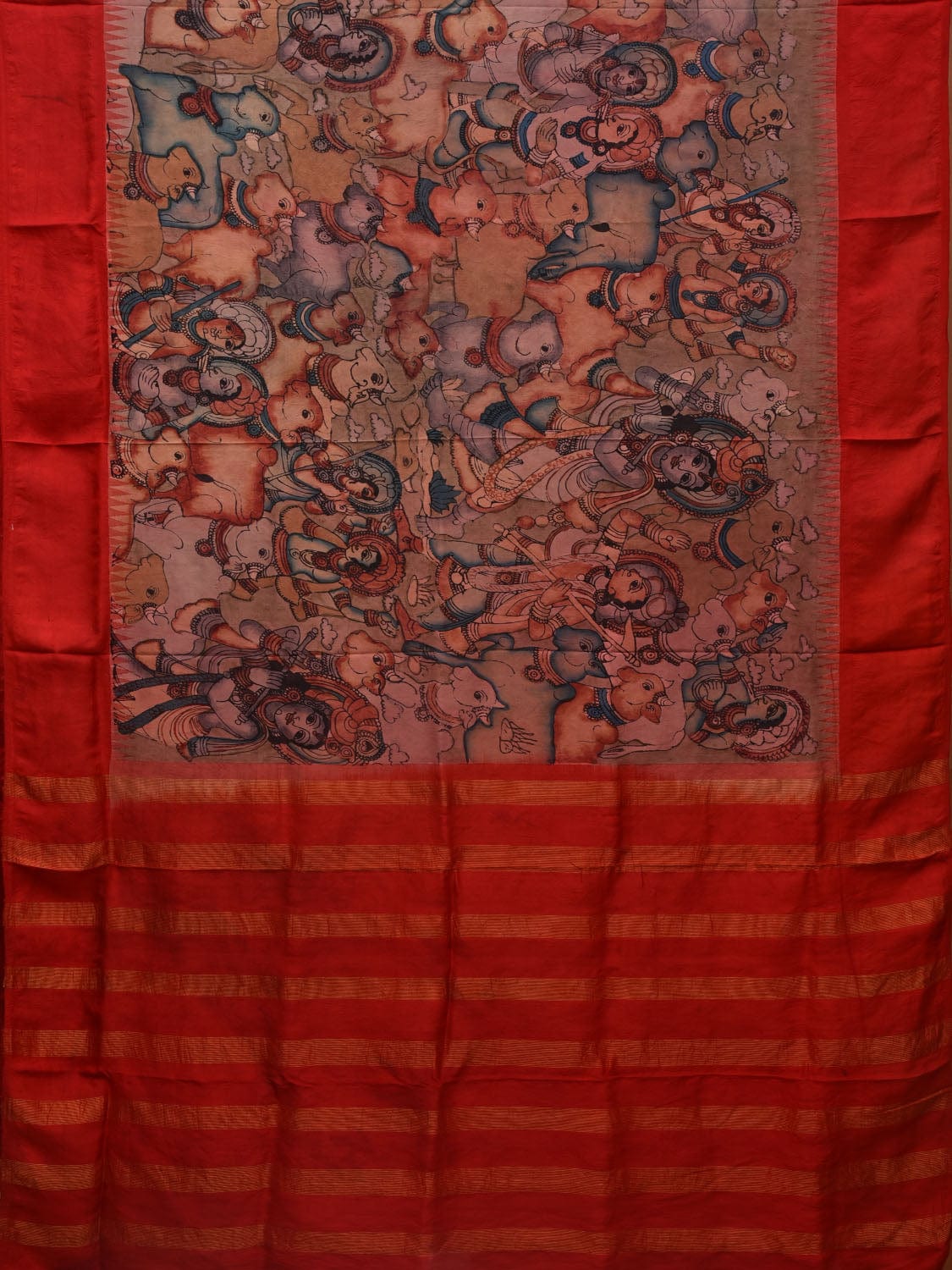Red Kalamkari Hand Painted Gadwal Silk Handloom Saree with Cows and Krishna Design KL0673