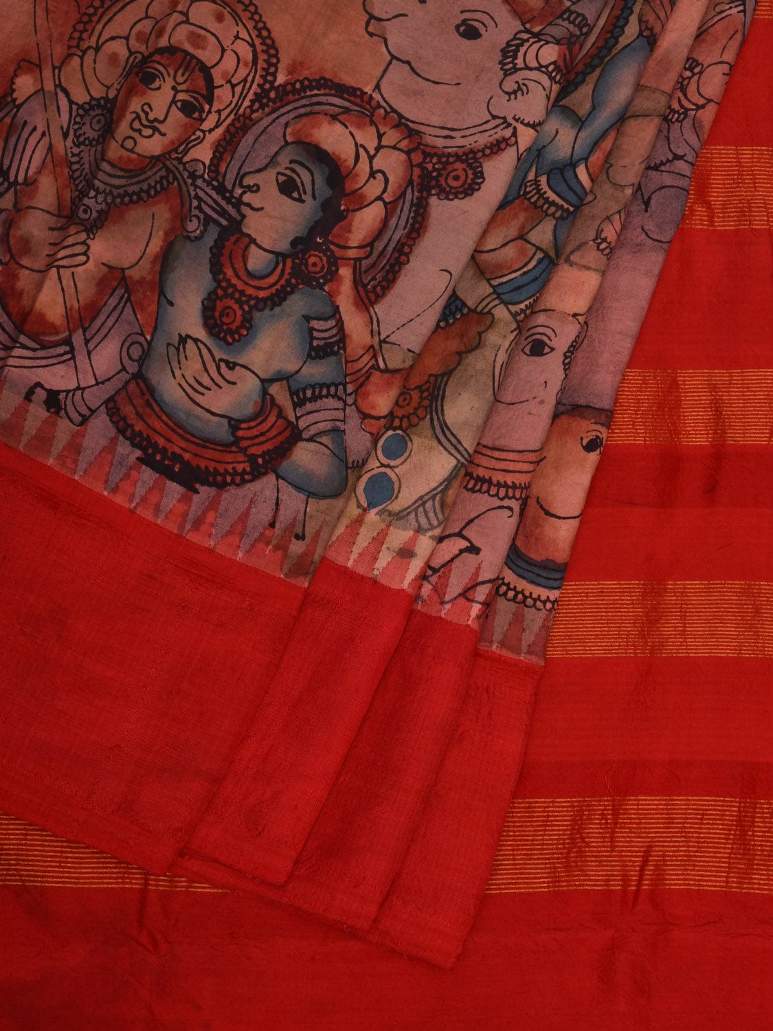 Red Kalamkari Hand Painted Gadwal Silk Handloom Saree with Cows and Krishna Design KL0673