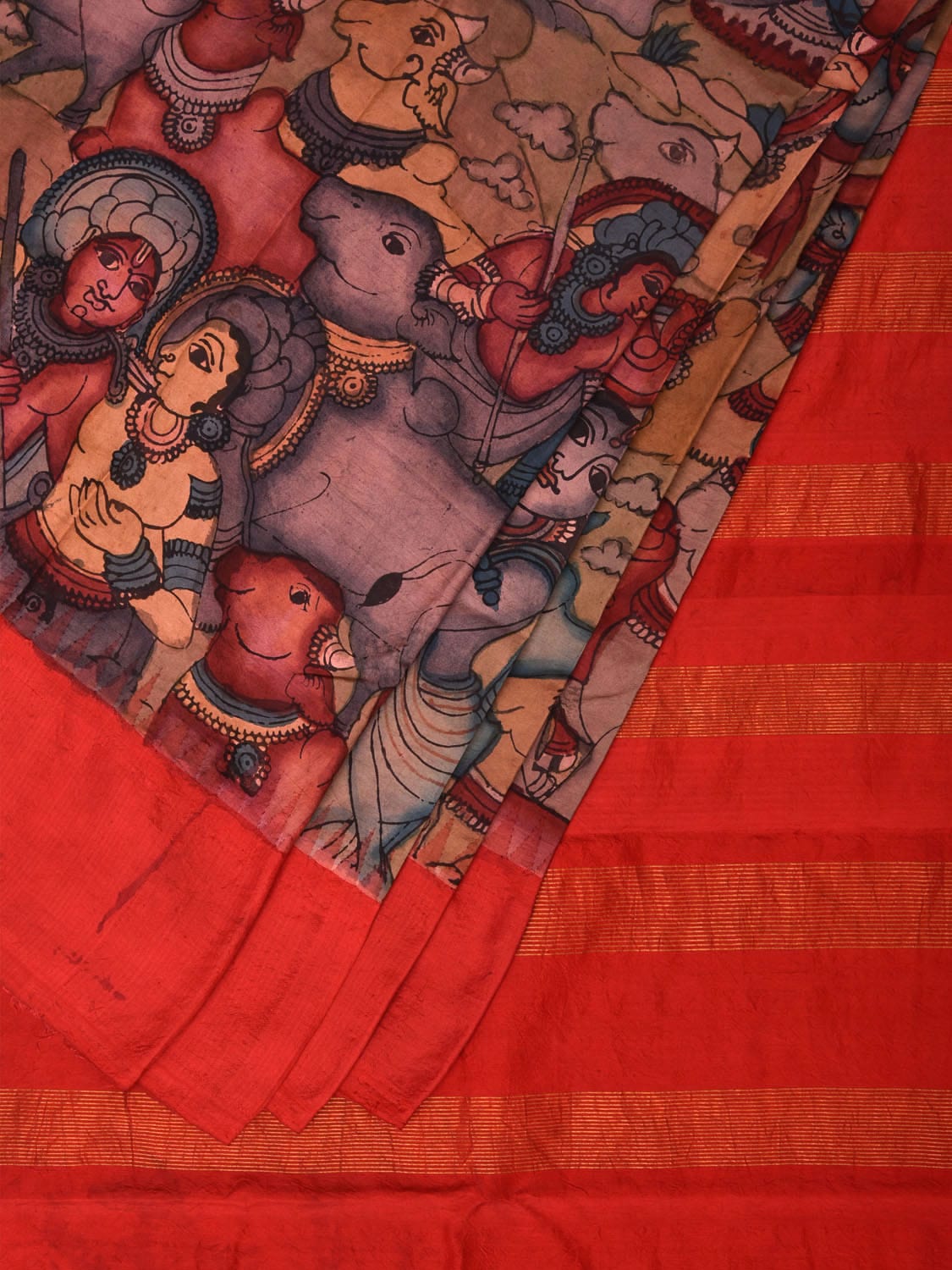 Red Kalamkari Hand Painted Gadwal Silk Handloom Saree with Krishna and Cows Design KL0727