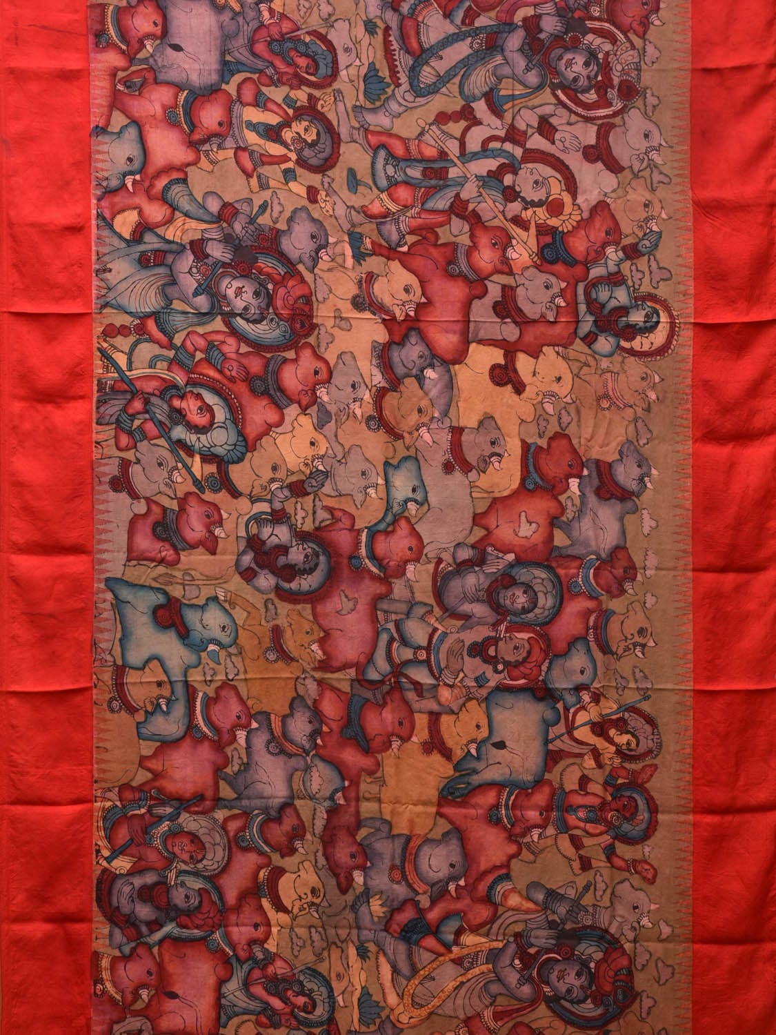 Red Kalamkari Hand Painted Gadwal Silk Handloom Saree with Krishna and Cows Design KL0727