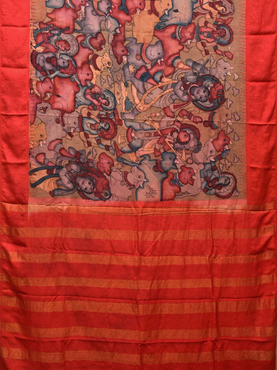 Red Kalamkari Hand Painted Gadwal Silk Handloom Saree with Krishna and Cows Design KL0727