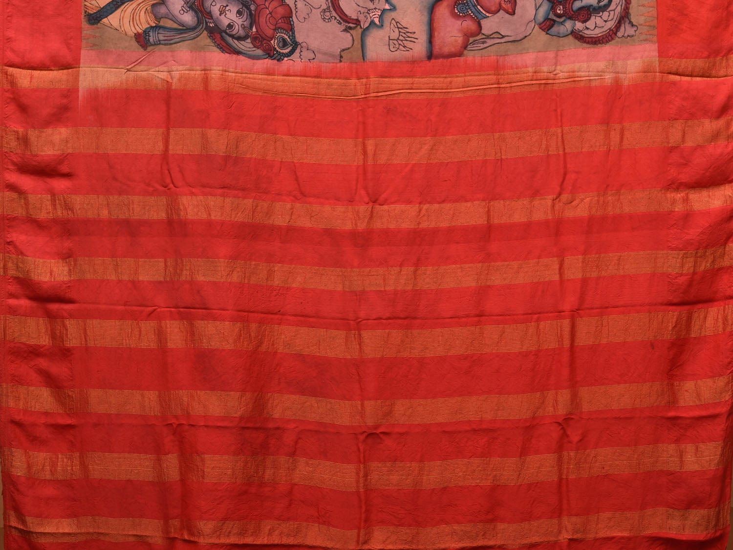 Red Kalamkari Hand Painted Gadwal Silk Handloom Saree with Krishna and Cows Design KL0727