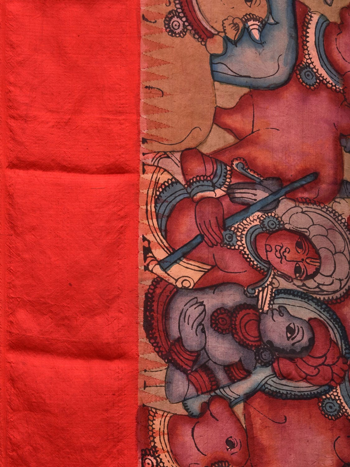 Red Kalamkari Hand Painted Gadwal Silk Handloom Saree with Krishna and Cows Design KL0727