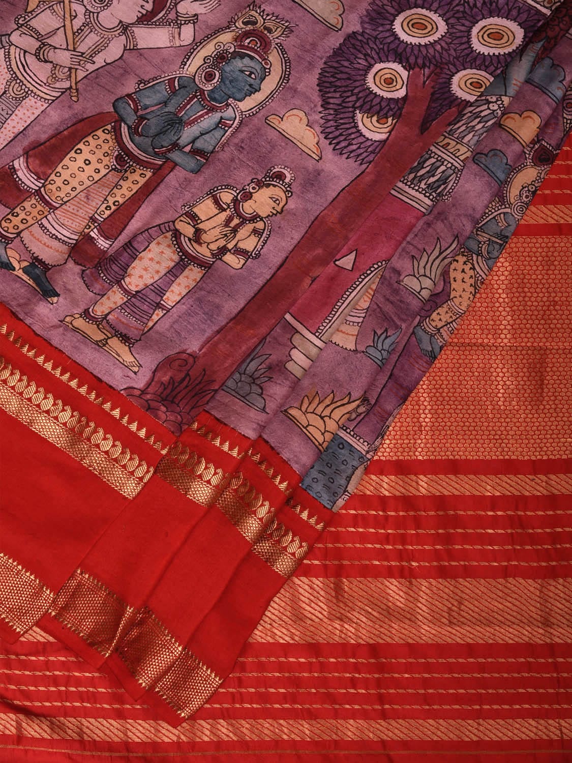 Red Kalamkari Hand Painted Gadwal Silk Handloom Saree with Krishna Leela Design KL0712