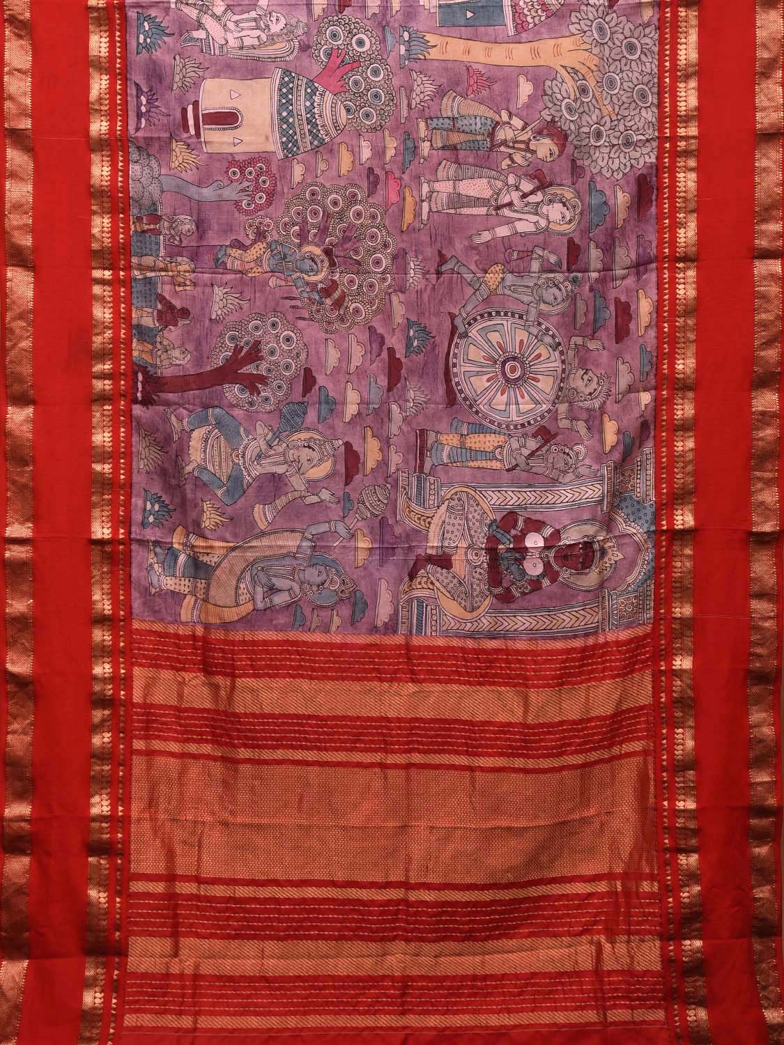 Red Kalamkari Hand Painted Gadwal Silk Handloom Saree with Krishna Leela Design KL0712