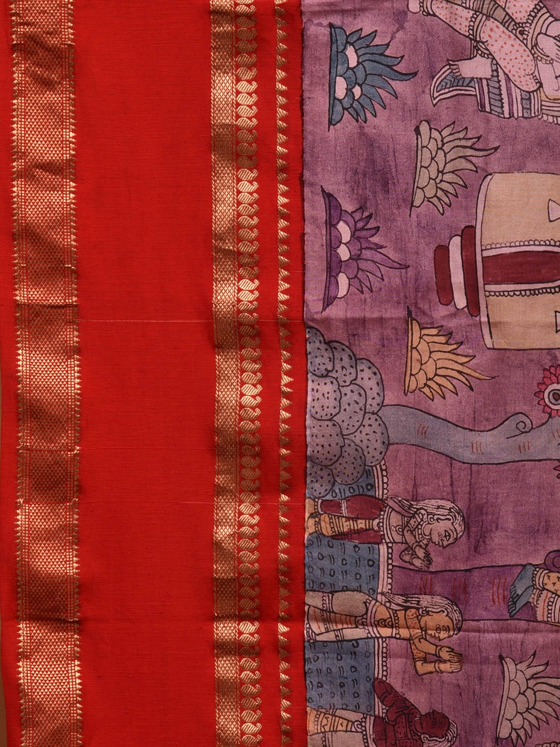 Red Kalamkari Hand Painted Gadwal Silk Handloom Saree with Krishna Leela Design KL0712