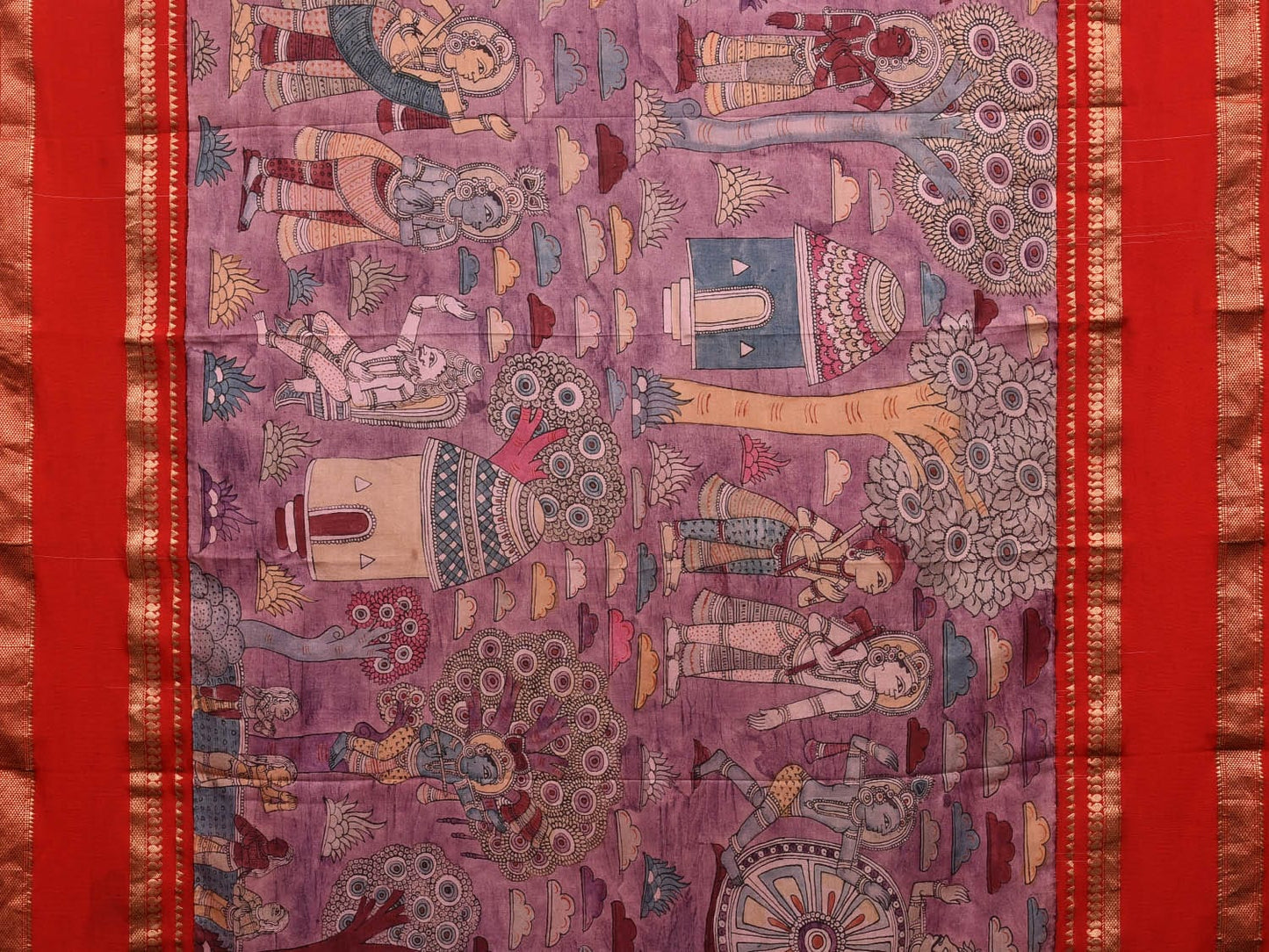 Red Kalamkari Hand Painted Gadwal Silk Handloom Saree with Krishna Leela Design KL0712