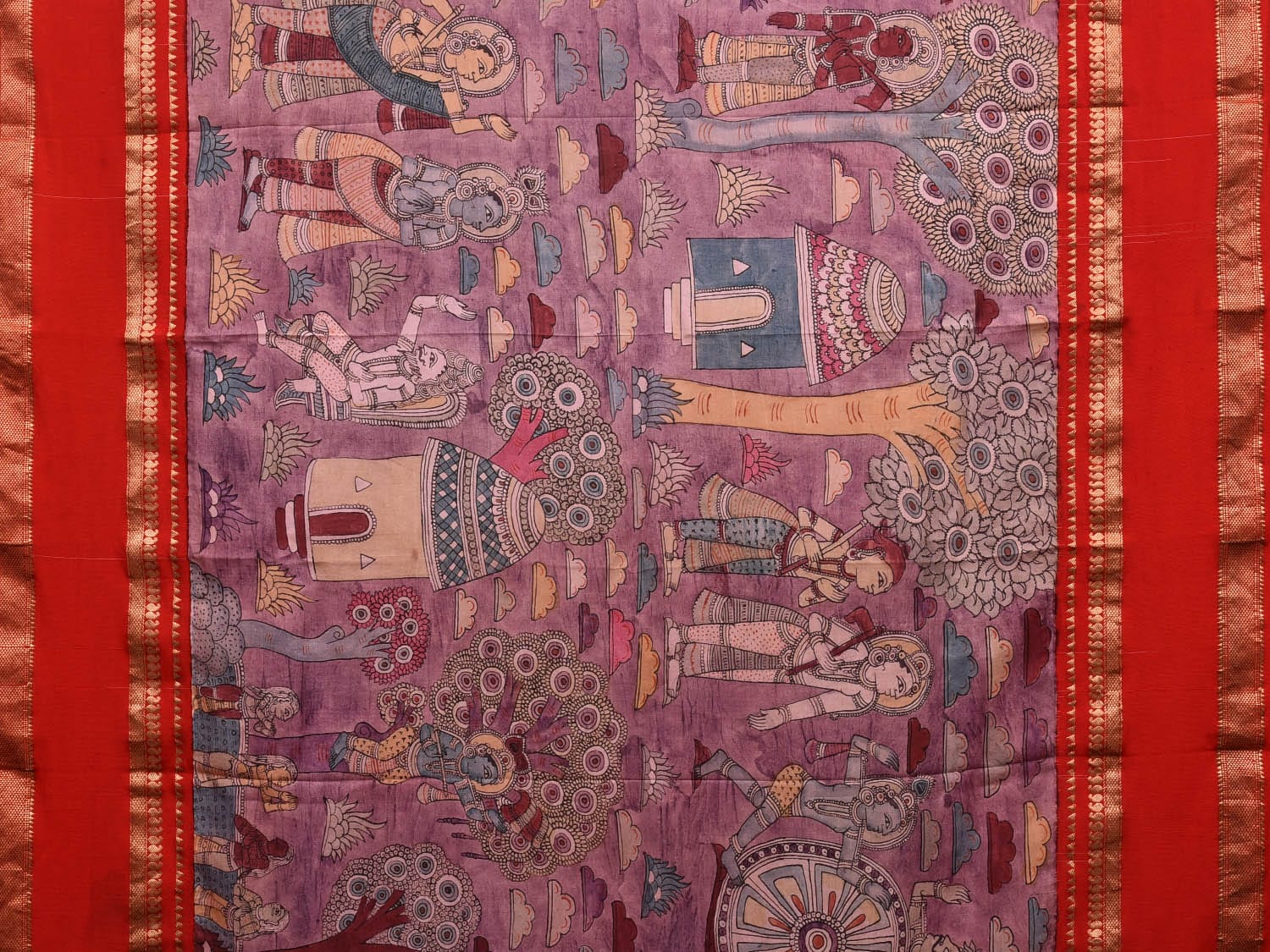 Red Kalamkari Hand Painted Gadwal Silk Handloom Saree with Krishna Leela Design KL0712