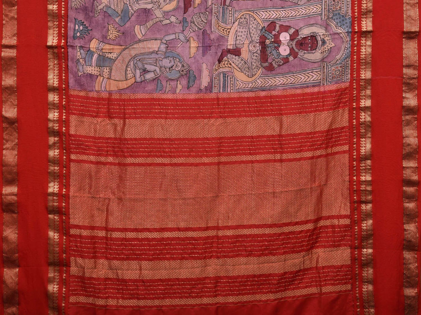 Red Kalamkari Hand Painted Gadwal Silk Handloom Saree with Krishna Leela Design KL0712