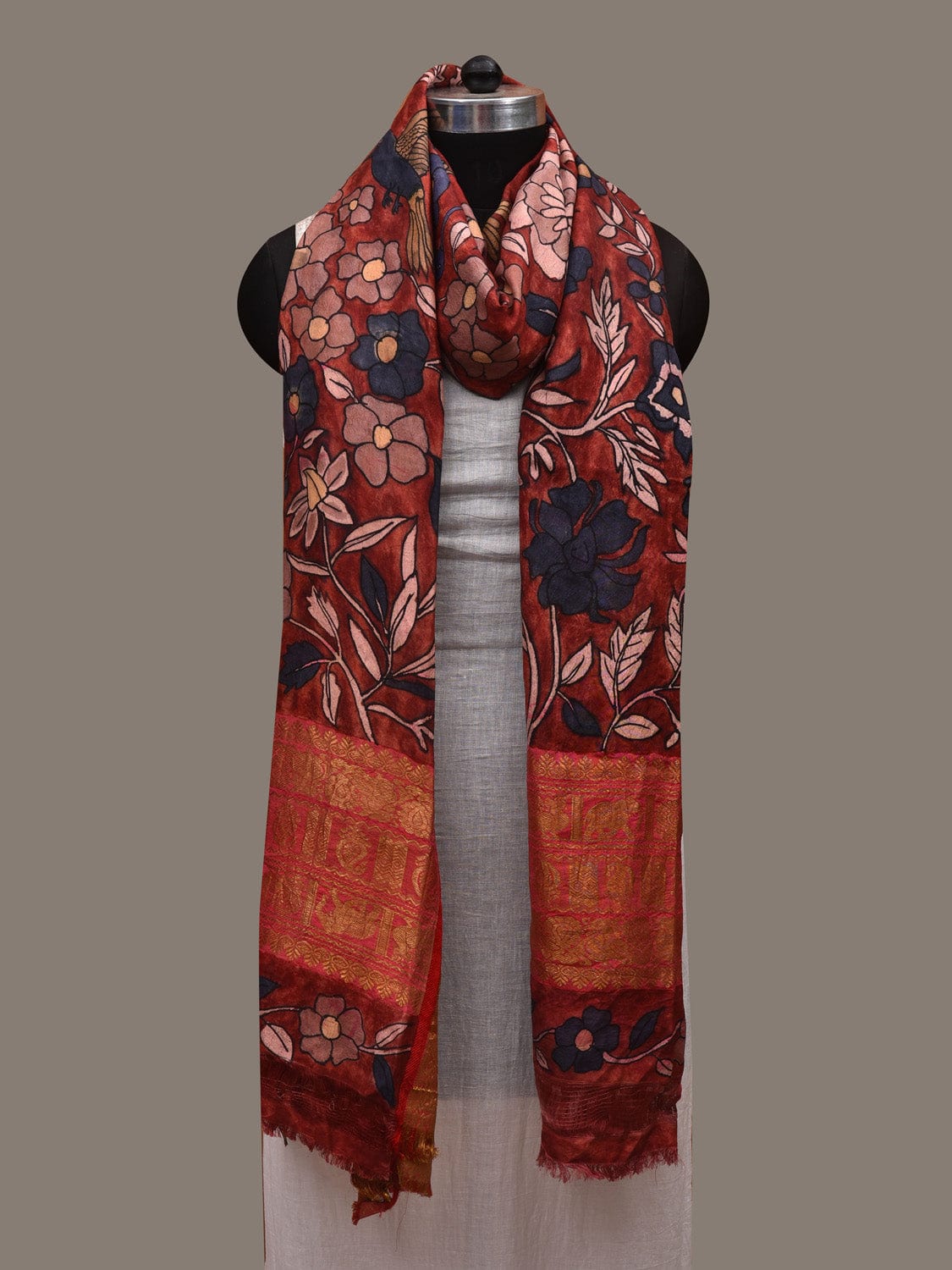 Red Kalamkari Hand Painted Kanchipuram Silk Dupatta with Floral Design ds2934