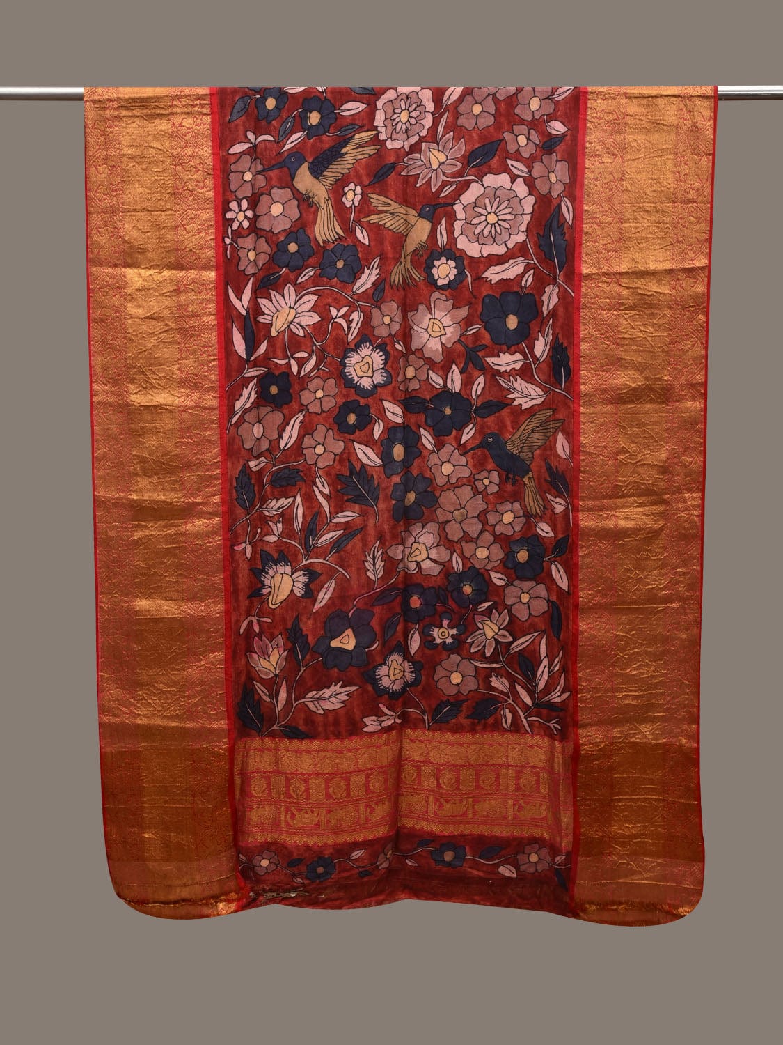 Red Kalamkari Hand Painted Kanchipuram Silk Dupatta with Floral Design ds2934