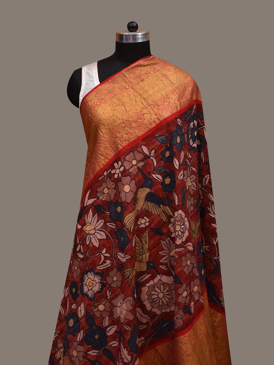 Red Kalamkari Hand Painted Kanchipuram Silk Dupatta with Floral Design ds2934