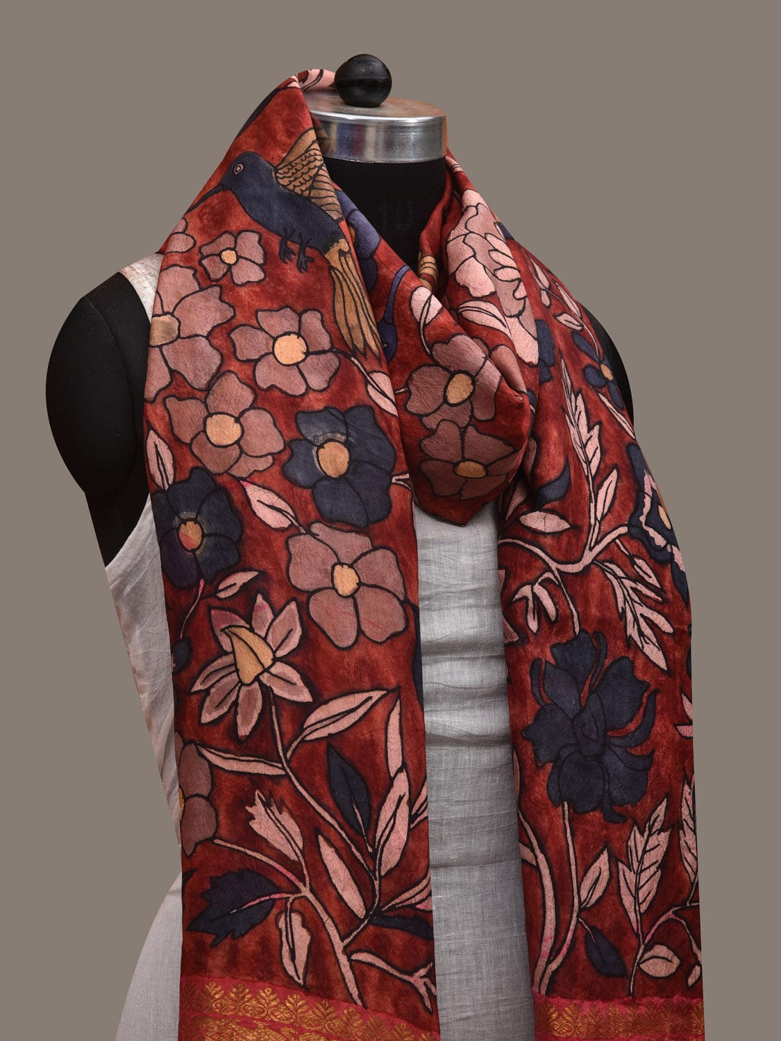 Red Kalamkari Hand Painted Kanchipuram Silk Dupatta with Floral Design ds2934